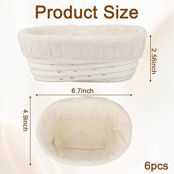6 Set 6 Inch Oval Banneton Bread Proofing Baskets with Cloth Liners | Practical Dough Rising Bowls Baking Supplies, Perfect for Homemade Sourdough Bread Making for Home Bakers