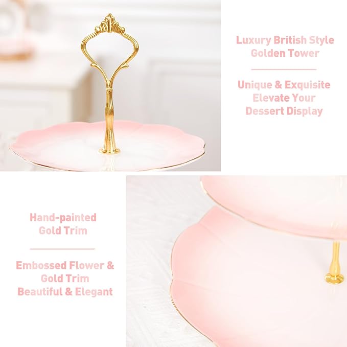 DUJUST Luxury Larger 3-Tier Cupcake Stand Tower, British Style Porcelain Serving Tray with Golden Trim, Food Grade Dessert Display Stand for Tea Party & Home Décor - 45% Gradient Pink Larger Plates