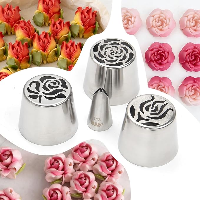 15 Pieces Extra Large Cake Decorating Russian Flower Piping Tips Set, 3 XXL Russian Piping Tip, 1 Leaf Piping Nozzles,10 Disposable Pastry Bags with 1 Cleaning Brush for Cake Decorations