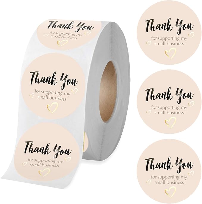 easykart labels 400 Thank You for Supporting My Small Business Sticker Labels | Pastel Peach Color with Gold Foil Hearts | 1.5" Round in Roll | Highly Recommended for Small Business Owners