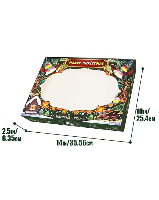 qiqee Christmas 14x10x2.5 inch Auto-pop Up 12Pcs Cookie Box with Window Retro Christmas Pastry Macaron Bakery Box for Christmas