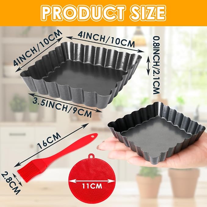 Mini Tart Pans Square 4 Inch 6Pcs with Removable Bottom, Nonstick Quiche Pan Mini Pie Pans with Oil Brush&Silicone Scrubber, Tart Pan with Fluted Side, Quiche Bakeware for Oven