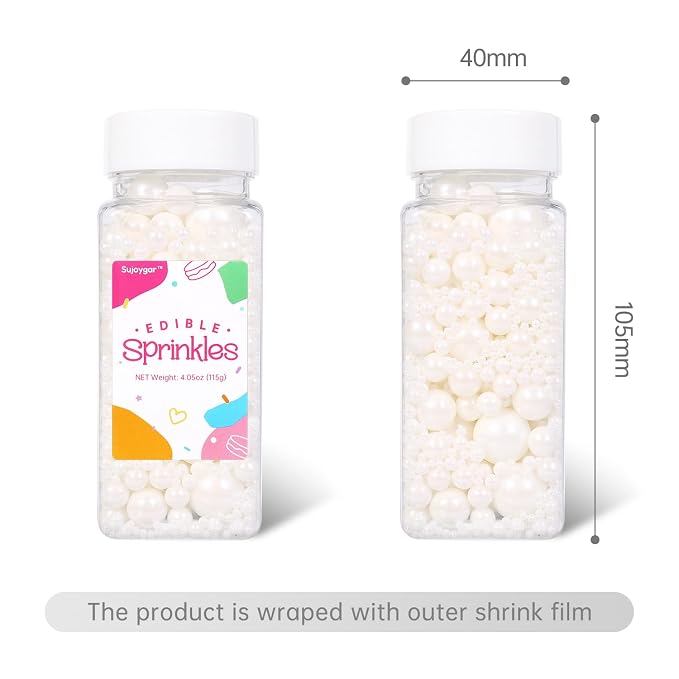 White Pearl Sprinkles for Cake Decorating, Edible Pearls Sugar for Baking Cupcake Toppers Ice Cream Cookie Wedding Party Birthday Valentines Celebrations Supplies, 4.05oz
