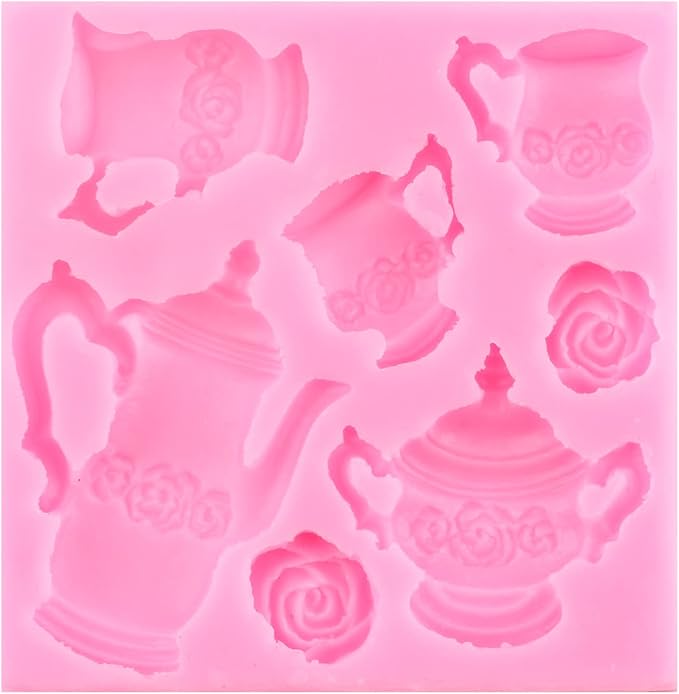 Mujiang Teapot Silicone Mold Tea Cup Fondant Mold Ice Cream Candy Molds Rose Flower Chocolate Mold For Tea Party Cake Decorating Cupcake Topper Polymer Clay Gum Paste Set Of 4