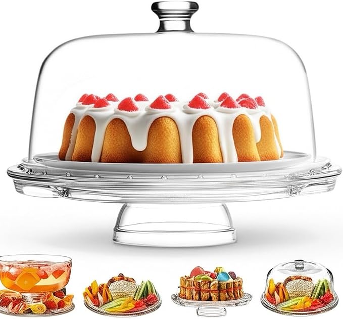 Royalty Art Glass Cake Stand with Dome – 6-in-1 Convertible Cake Plate, Punch Bowl & Chip and Dip Server, Pedestal Dessert Display – Italian Made Glass – Dishwasher Safe