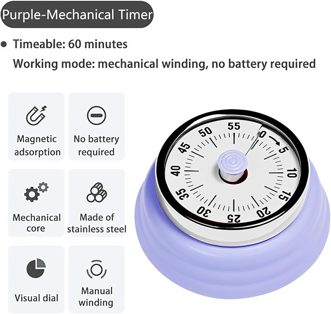 Elegant Stainless Steel Vintage Kitchen Timer with Magnetic Attachment - 60-Minute Countdown & Audible Alarm, Perfect for Cooking, Office Tasks, and Study Sessions (01-Purple)