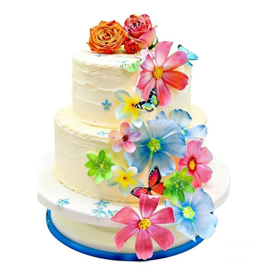 54x Wafer Edible Flowers Butterflies Cake Toppers Edible Decoration, Edible Flower Cupcake Toppers for Birthday, Wedding, Baby Shower, Spring Themed Party Baking Decorations
