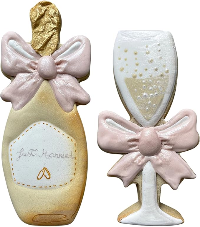 LILIAO Champagne and Champagne Glass with Ribbon Cookie Cutter for Wedding/Engagement - Stainless Steel