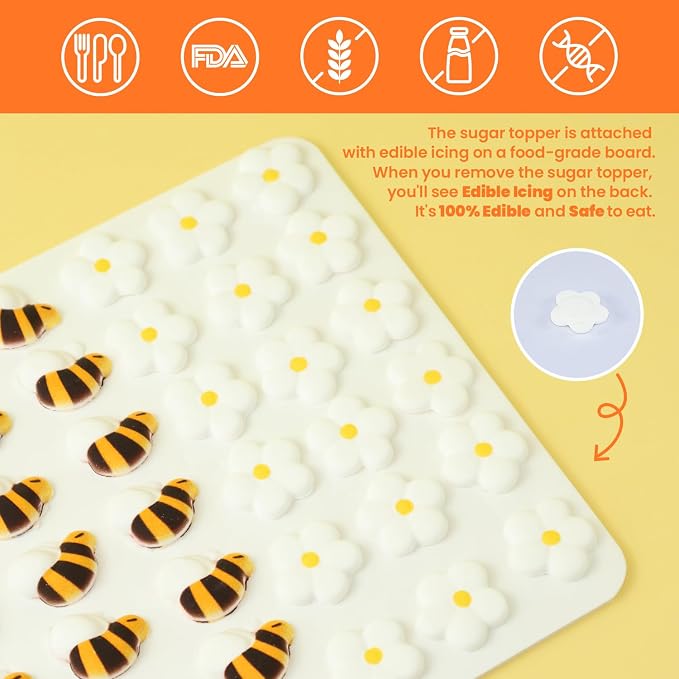 Edible FLower & Bee Cake Decorations, Royal Icing FLower for Cupcake Topper, Edible Bee Sprinkles Sugar for Cakes Cookies Chocolate Macarons Baking Spring Baby Shower Decoration, 39 pcs