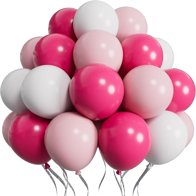 SUWEN Hot Pink Balloons 60Pcs,12 inch Hot Light Pink and White Latex Balloons for Birthday Wedding Bridal Shower Princess Valentines Party Decorations