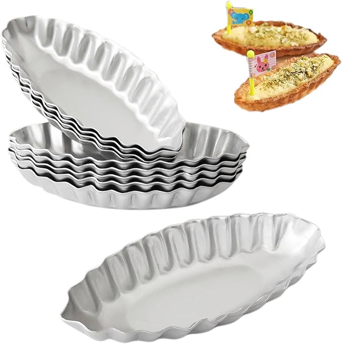 Tiny Tart Pan Boat Shape, 10PCS Egg Tart Mold Fluted Edge, Wave Flower Aluminum Baking Tool, Reusable Dessert Tray for Small Tartlets, Quiches