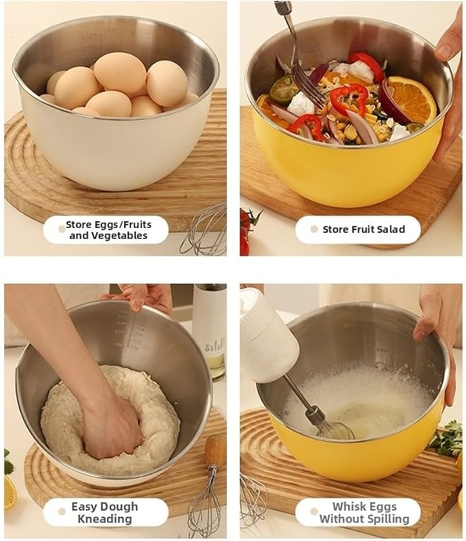 304 Stainless Steel Mixing Bowls with Lids, Nested Metal Bowl Set for Cooking Salad Dough Egg Whisking, Stackable Kitchen Prep Storage Containers(3 White Lid)