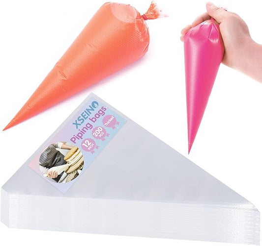 XSEINO Disposable Piping Bags, 12 Inch - 200PCS Heavy Duty Anti Burst Pastry Bags with Bump Non-slip Design for Icing, Frosting and Cookie Decoration Bags (Thickened)