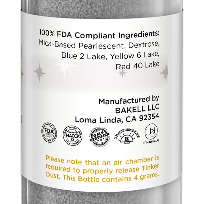 Bakell - Silver Tinker Dust (4g, 1x Mini Spray Pump) Edible Glitter for Food, Desserts, and Baked goods!