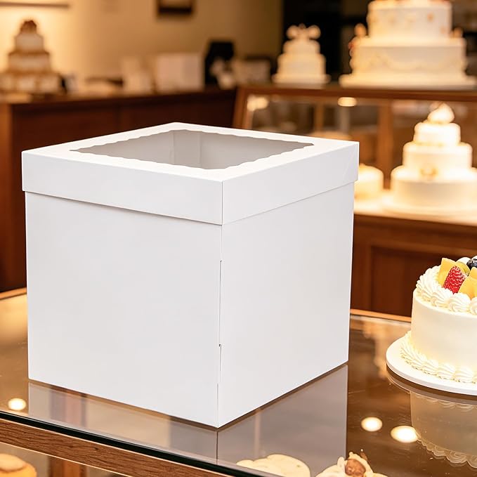 JCD 12x12x12 Corrugated Tall Cake Boxes for 10in Multi Layer Cakes with Clear Window