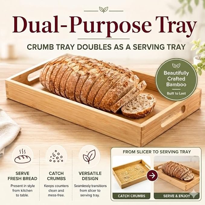 Bread Slicer For Homemade Bread - Fir and Favour Upgraded Adjustable Bamboo Bread Cutter Board - Compact Slicing Guide With Crumb/Serving Tray- Bread Loaf Slicer for Sourdough Gift