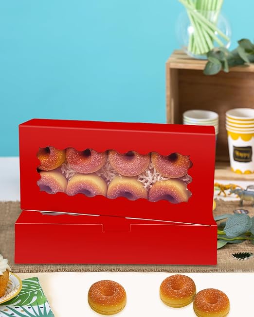 qiqee 50 Packs Red Cookie Box with Window 12x5.5x2.5 Inch Two Uses Pastry Biscuit Bakery Box For Packaging