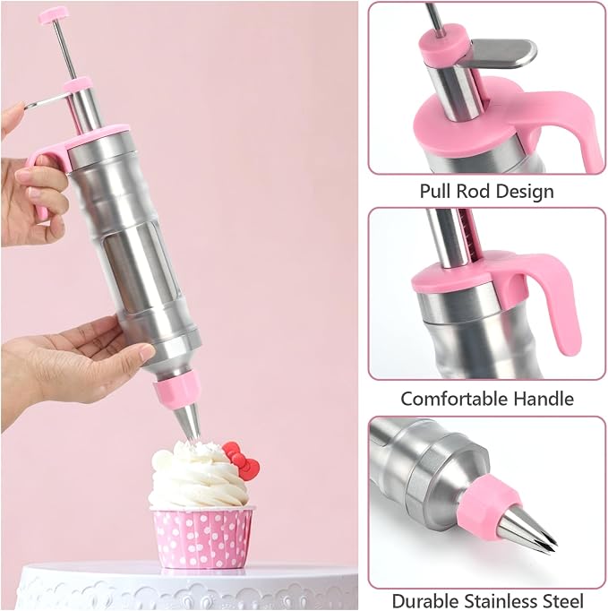 Dessert Decorating Syringe Set, Stainless Steel Frosting Piping Kit with 2 Tip Couplers & 6 Decorating Piping Tips Icing Piping Kit Cupcake Decorating Kit Cake Decorating Tools (Pink)