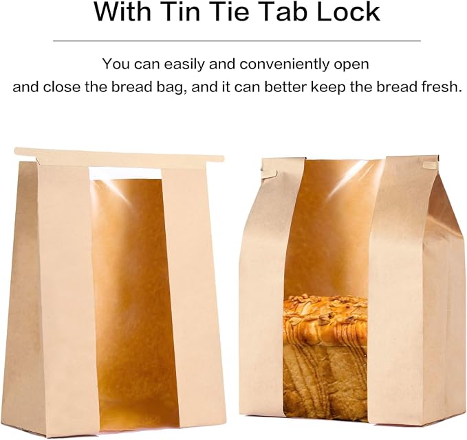 200 Pack Large Paper Bread Bags for Homemade Bread with Tin Tie Tab Lock,14" x 8.3" x 3.5" Sourdough Kraft Loaf Bag with Clear Front Window,Label Seal Sticker Included