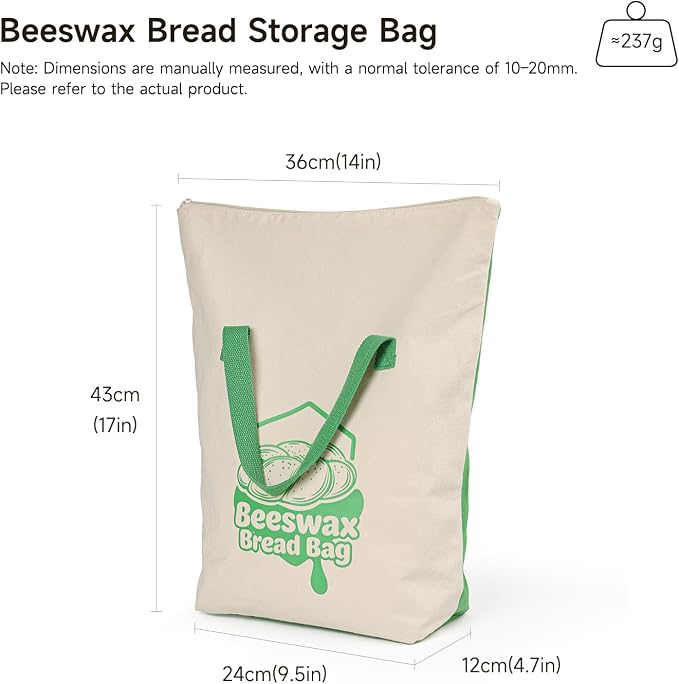 Beeswax Bread Bag 14"x17" Sourdough Bread Storage, Reusable Linen Bags with Wide Zipper & Double-Sided Print, Freezer Safe for Homemade Artisan Loaves