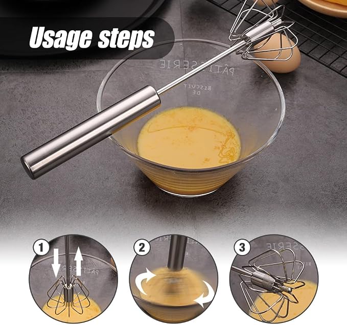Stainless Steel Semi-Automatic Whisk, 2025 New Egg Whisk Hand Push Rotary Blender, Manual Mixer Stirrer Kitchen Tool for Blending, Whisking, Beating, Stirring (10 in)