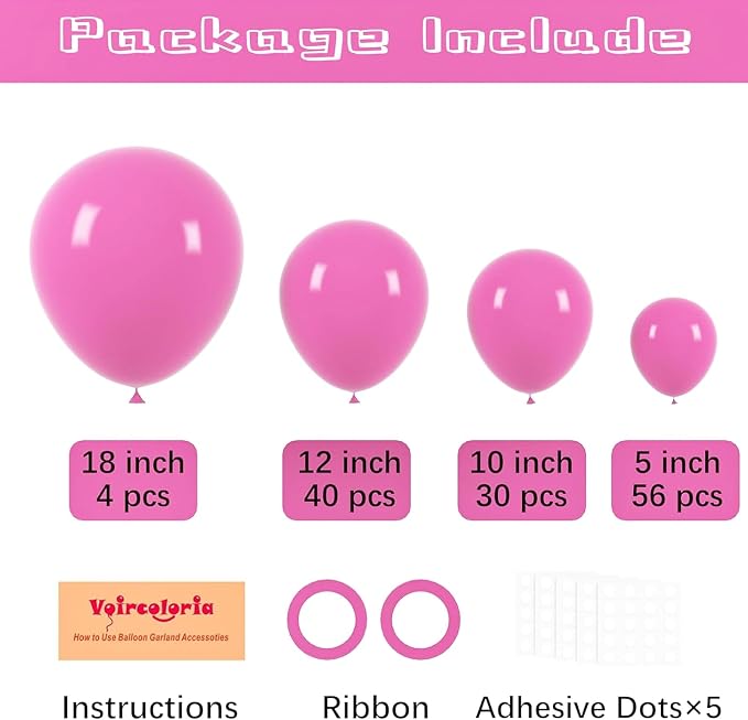 Voircoloria 130pcs Retro Hot Pink Balloons Different Sizes 18" 12" 10" 5" Blush Hot Pink Latex Balloon Garland Arch Kit for Birthday Baby Shower Valentine's Day Wedding Gender Reveal Party Decorations