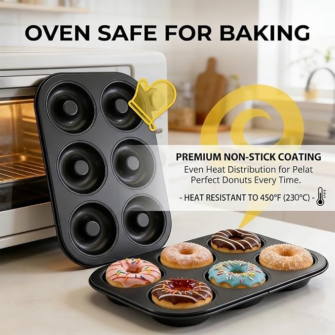 2 Pack Nonstick Donut Baking Pans, 6 Cavity Easy Steel Clean Doughnut, Oven Safe Heat Resistant, Reusable Bakeware for Making Donuts Bagels Homemade Desserts (Black, 6 Cup)