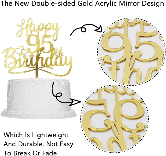Sleyberoy Acrylic Happy 95th Birthday Cake Topper- Hello 95,Cheers to 95 Years,95th Anniversary/Birthday Party、 men and women Happy Ninety-five Birthday Selected cake decoration (95th)