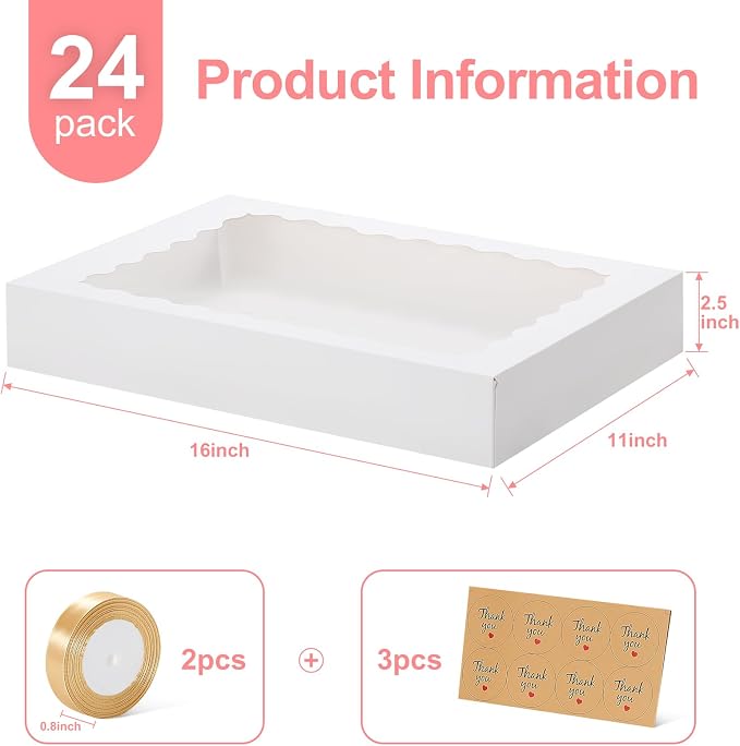 24pcs Cookie Boxes with Window, 16x11x2.5 in Large Auto-Popup Bakery Boxes with Ribbon and Sticks for Treats, Desserts, Chocolate Covered Strawberries, Pies, Muffins, Donuts