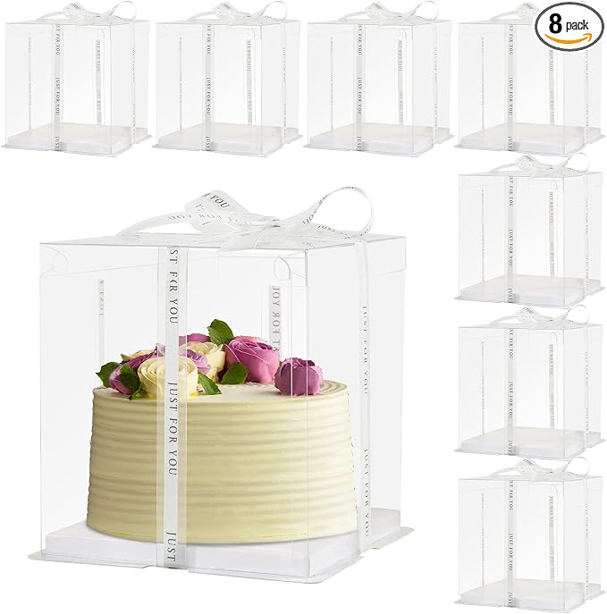 12x12x10inch 8Pcs Tall Cake Boxes Clear Display Gift Boxes with Ribbon,Pre Folded Lid for 10" and 11" Inch Tall Layer Tiered Cakes and Bakery Display Birthday Wedding Party(Clear , 12*12*10inch/8Pcs)