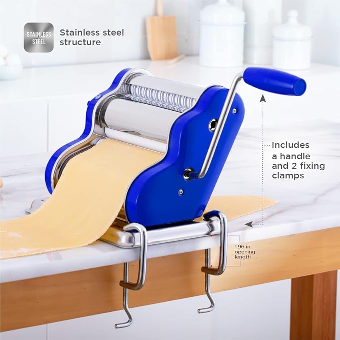 PASTALINDAClassic 200 Pasta Maker Machine, 20 cm Wide Rollers, 9 Thickness Positions, 2 Cutting Positions, Stainless Steel. Includes Reinforced Hand Crank And Two Clamps (Blue)