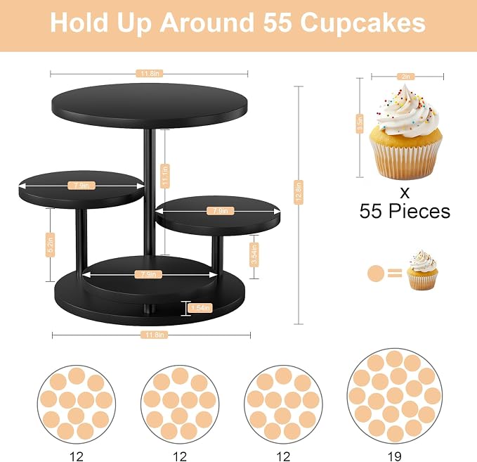 Cupcake Tower for 50 Cupcakes 4 Tier Wooden Dessert Display Stands 360°Rotatable Cookie Display Stand with Tiered Trays Round Cake Stand for Parties Wedding Halloween Dessert Table, Black