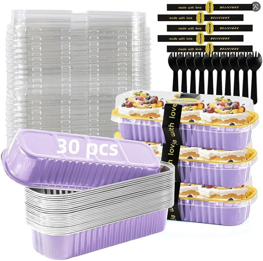 Lavender Purple Mini Loaf Pans with Lids & Spoons, 30 Count 6.8oz Disposable Aluminum Foil Cake Pans, Mini Cake Containers & Baking Tins for Desserts, Party Favors, Baking & Gift Packaging