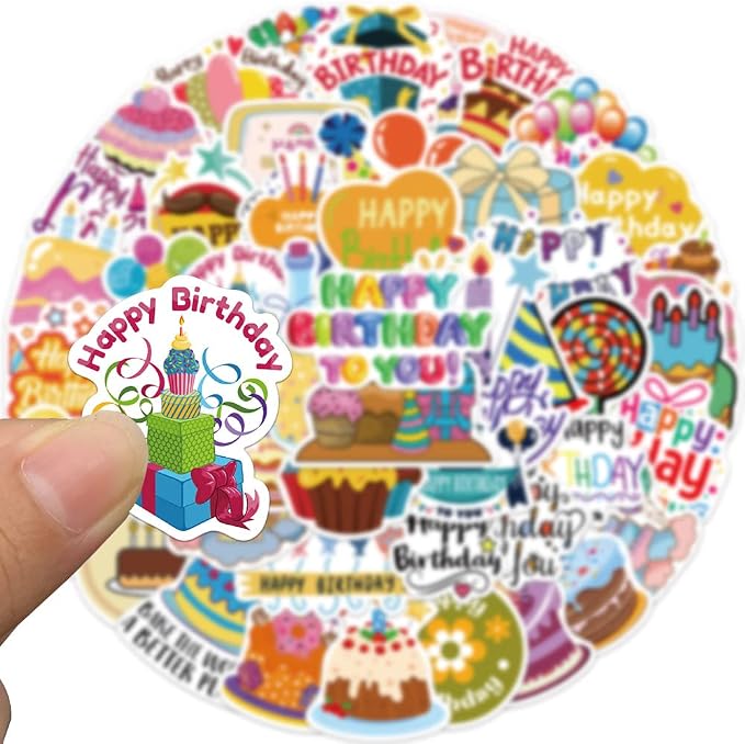 Cute Happy Birthday Stickers for Kids Teens Adults Girls, 50Pcs Kawaii Funimost Vinyl Waterproof Stickers Pack for Water Bottle Laptop Scrapbook, Birthday Gift Decals, Party Supplies