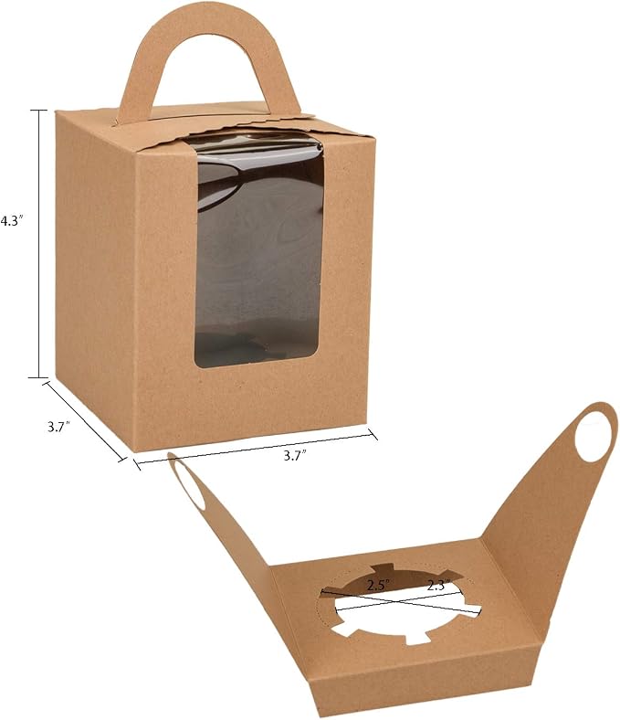 Jucoan 100 Pack Cupcake Box, Kraft Paper Individual Cupcake Container with Window and Handles, Bulk Single Cupcake Packaging Box for Muffin, Cocoa Bomb, Party Favor Pastry Treat Boxes