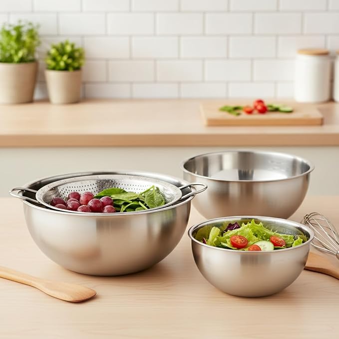 Stainless Steel Mixing Bowl Set with Nested Strainer, 2-in-1 Prep Basin for Washing, Draining, and Mixing