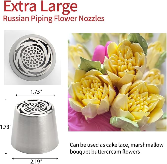 Extra Large Russian Piping Tips - Stainless Steel Flower Nozzles Set for Cake Decorating, Rose & Floral Icing Tips for Cupcakes, Cookies Professional Baking Tools (XXL, Style 54)
