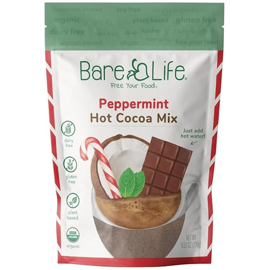 Bare Life Organic Peppermint Hot Cocoa Mix, Dairy Free Hot Cocoa Mix, Vegan Hot Chocolate Powder, Gluten Free, Kosher Pareve, Just Add Hot Water, 9.52 oz Pouch