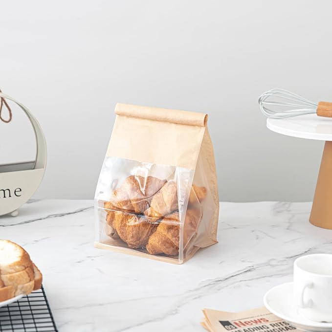 50 Pcs Bread Bags for Homemade Breads with Window, 6.3 x 5.1 x 10.3 Inch Tin Tie Tab Lock Resealable Bakery Loaf Bags for Packaging Sourdough Bread, Cookies, Bagels, Pastry