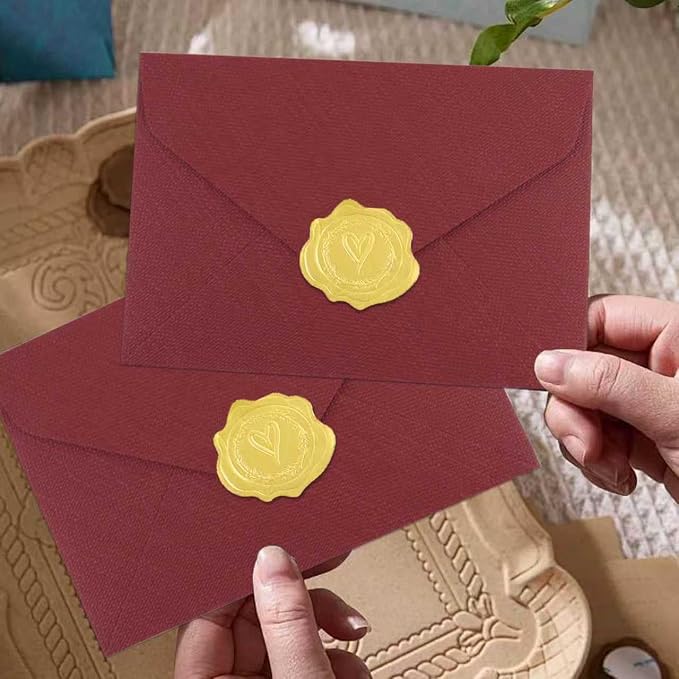 50 Pack 4x6 Crimson Linen Envelopes with Gold Wax Seals - Handmade Look A6 Vintage Envelopes & Self-Adhesive Seal Stickers for Greeting Cards, love letter, Wedding, Party Invitation