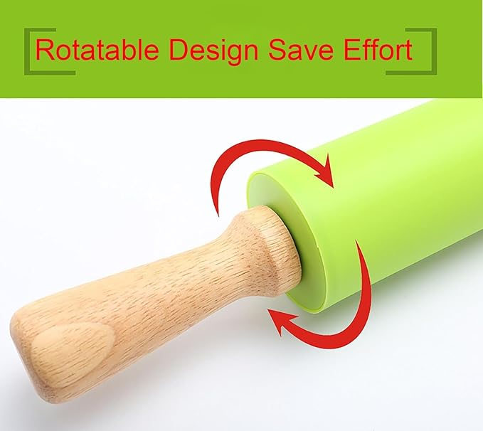 Green Rolling Pin, 11.4 Inch Silicon Rolling Pin with Wooden Handle for Kneading the Dough of Baking Bread, Pizza, Cookie, Noodles (green, 12 inch)