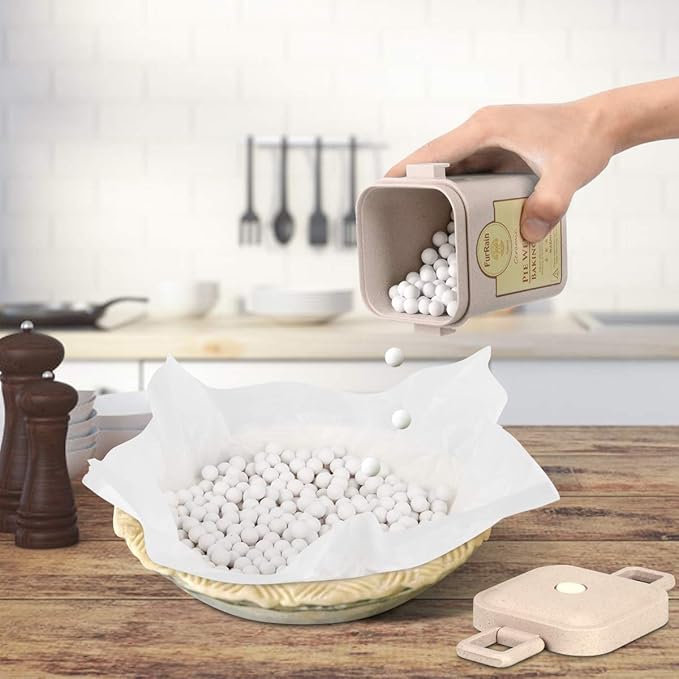 FurRain Ceramic Pie Weights Reusable 10mm Baking Beans Pie Crust Weights Natural Ceramic Stoneware with Wheat Straw Container