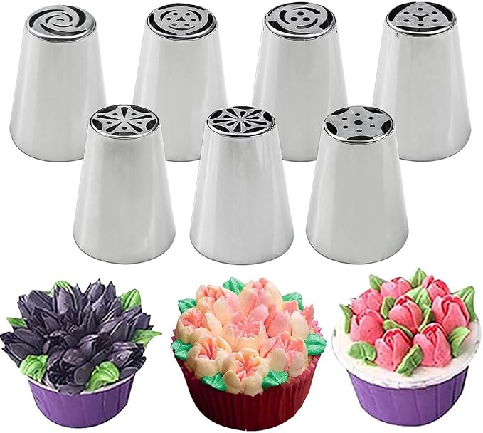 7 Pcs Stainless Steel Russian Piping Nozzles Flower Frosting Nozzles Rose Tulip Icing Piping Tips Cake Decorating Tools