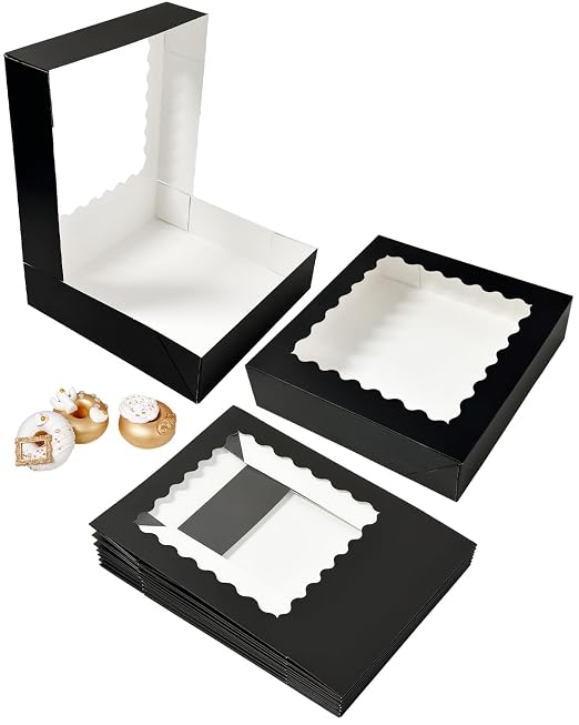 Bakepacker 90pcs Black Pie Boxes 8x8x2.5 inches Easy Assemble Macaroon Cookie Boxes Bakery Boxes with Window for Bakery (Auto-pop Up)