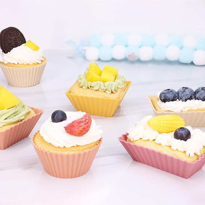 24Pack Silicone Muffin Cups, Reusable Cupcake Liners Molds for Baking, 3 Shapes Lunch Box Bento Dividers-Round, Square, and Rectangular (Orange Series, Regular Size)