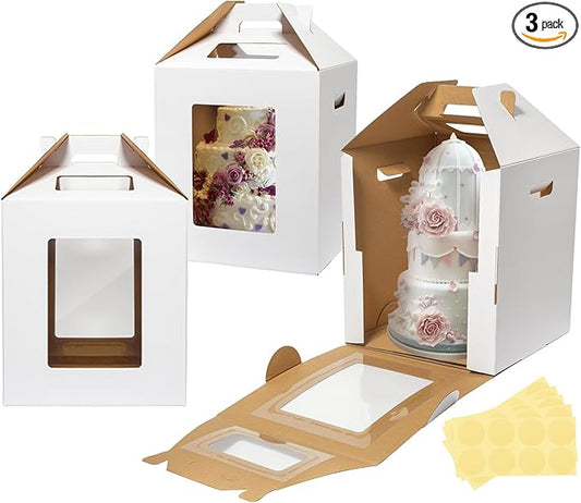 Wowxyz 3 Pack Tall Cake Boxes for Tier Cakes 10x10x12 Inch Disposable Layer Tall Cake Baking with Window Large Tierd Bakery Take Out Transport Containers with Handle for Wedding, Birthday, Party