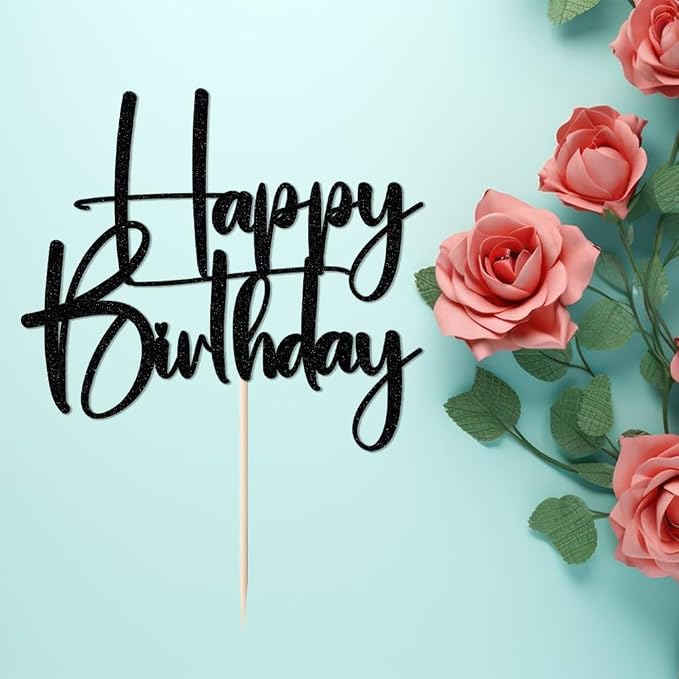 Happy Birthday Cake Topper,black Glitter Cake Pick Bunting Decor for Anniversary Birthday Party Cake Decorations Supplies