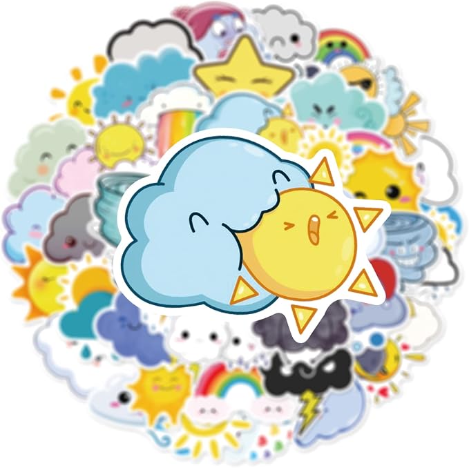 Cute Weather Stickers for Journaling - 50PCS Sun Cloud Rainbow Stickers Waterproof Vinyl Aesthetic Decals for Scrapbook, Water Bottles, Laptops, Guitar, Perfect for Kids Teens & Weather Lovers