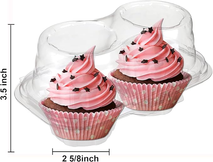 Bekith 60 Count 2-Compartment Plastic Cupcake Containers Disposable with Connected Airtight Lid, Clear Stackable Deep Dome Cupcake Carrier Holder Box for Cupcakes, Muffins, BPA Free