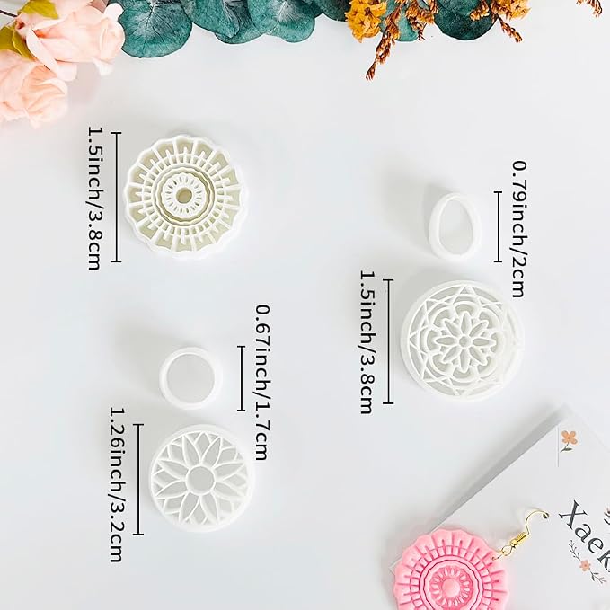 Xaekicr 5PCS Floral Polymer Clay Cutters Set - Round Clay Earring Cutters with Texture Molds for DIY Jewelry Making, Clay Tools for Earrings